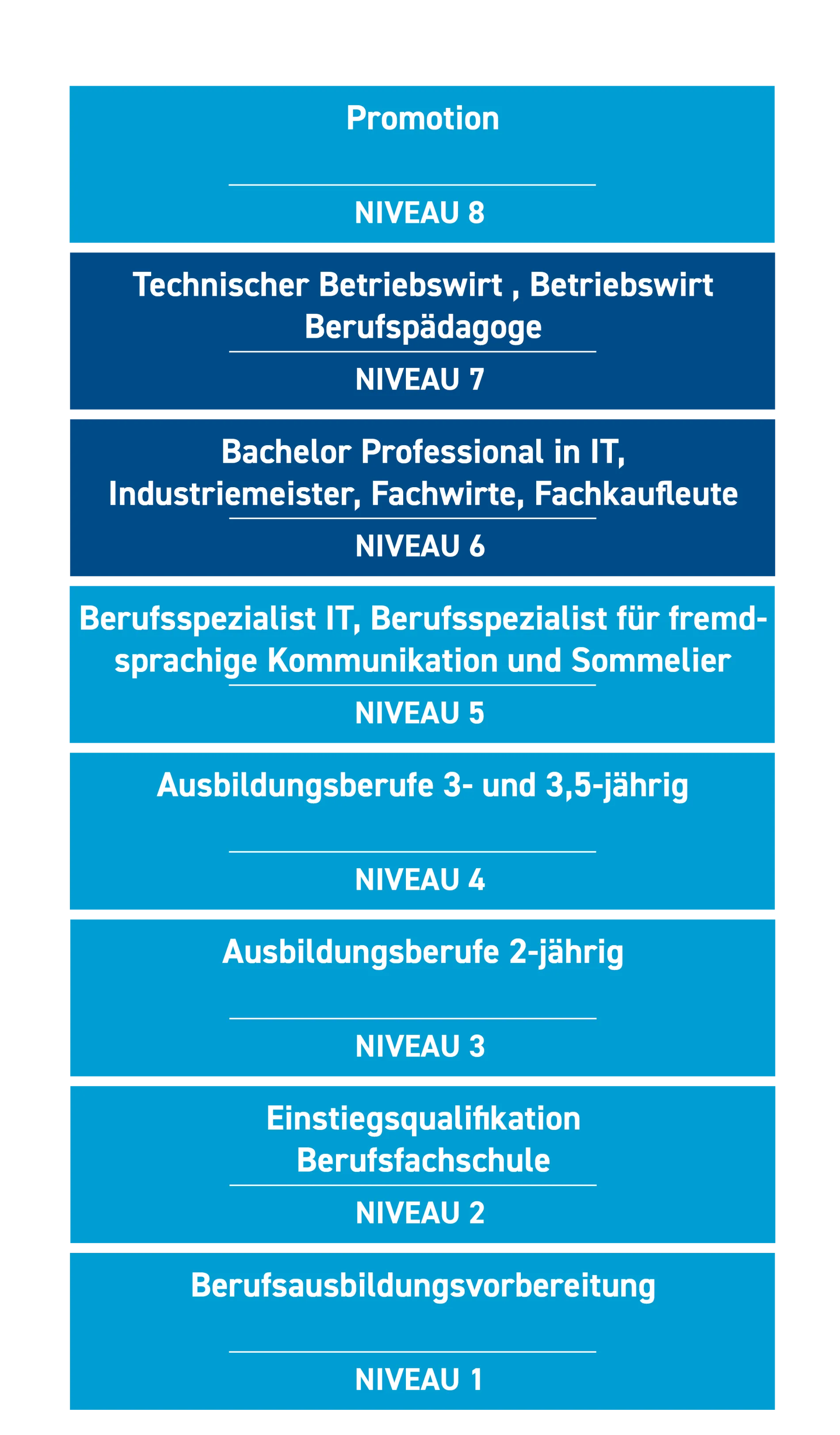 Infografik zum Deutschen Qualifikationsrahmen (DQR) mit acht Niveaus zur Einordnung verschiedener Bildungsabschlüsse nach ihren jeweiligen Kompetenzanforderungen.