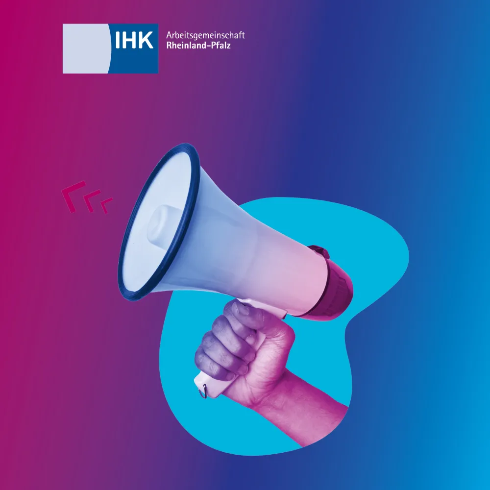 Illustration: Hand hält ein Megafon, stilisiert in trendfarbenen Tönen mit dynamischem Hintergrund.